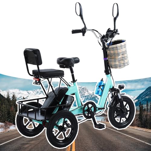 Sushangmao Triciclo Eléctrico Biplaza para Adultos, Plegable De 3 Ruedas con Asiento para Pasajero, Motor De 350 W, Pantalla LCD, Autonomía Extendida De 45 A 70 Km Y Cesta Trasera Green