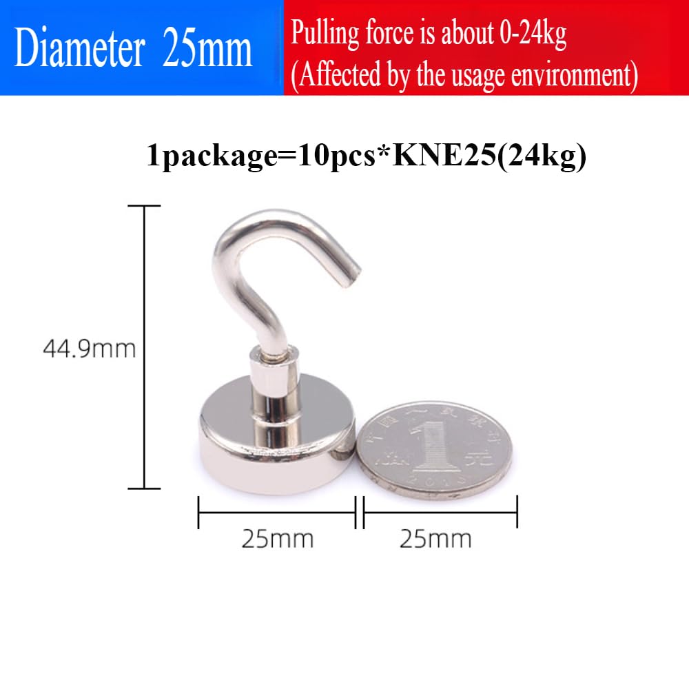 Silver Magnetic Hooks,Heavy Duty Magnets with Hook for Refrigerator, Strong Cruise Hook for Hanging,Grill -10pcs (KNE25(24kg))