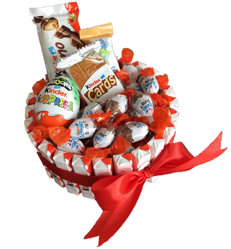 Tartas Kinder: Cesta de chocolate perfecta para regalar en Navidad, San Valentín y cumpleaños con Kinder Bueno, Schoko Bons, Ferrero y flores preservadas (Tarta Kinder circular medium)