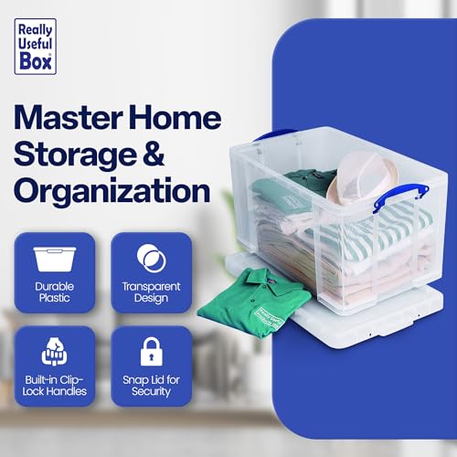 Image of Really Useful Box 84 Liters Storage Container with Snap Lid and Clip Lock Handle for Lidded Home and Item Storage Bins, 4 Pack, Clear