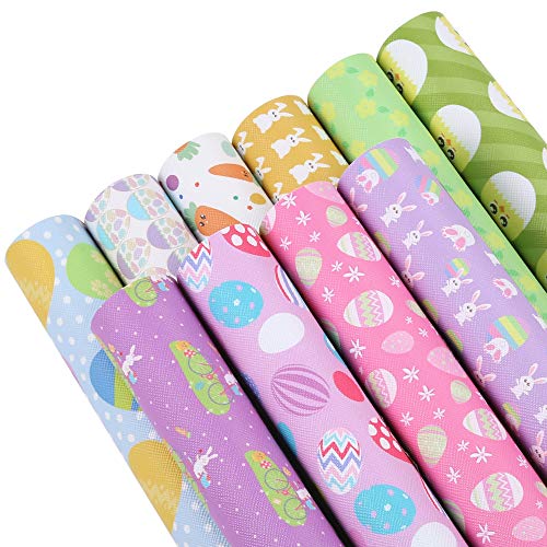 Pllieay 10 Pieces Easter Faux Leather Eggs and Bunny Printed Leather Fabric Sheets for Easter Theme Earring and Hair Bows Making (11.8 x 8.3 inch)
