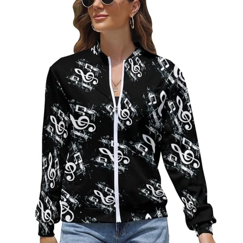 Musical Note Music Bomber Jacket Women Long Sleeve Zip Up Baseball Jacket Coat Casual Top2
