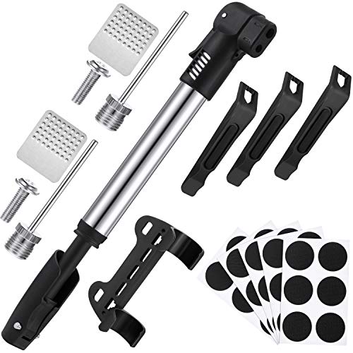 Mini Bike Pump Fits Presta and Schrader Valve with Bicycle Tyre Levers Bike Puncture Patches Metal Rasps Air Pump Needle for Road, Mountain Bikes