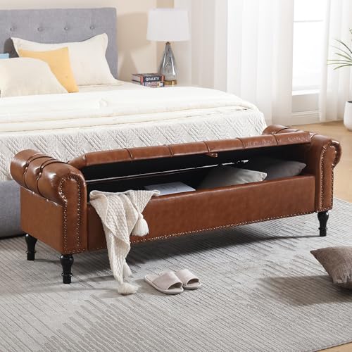 HOMYKA Leather Storage Bench 67 Inch Upholstered Tufted Ottoman Bench with Arms Large Storage Space End of Bed Bench for Bedroom Living Room Entryway Brown