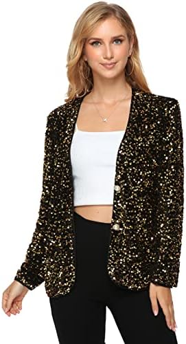 Yutuwomsfushi Women's Open Front Sequin Jacket Casual Long Sleeve Cardigan V-Neck Coat Velvet Loose Outerwear Button Blazer Club Party Gold X-Large