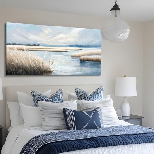amatop Large Coastal Wall Art Abstract Landscape Beach Ocean Marsh Canvas Print Calming Soft Blue and Beige Wetland Picture Minimalist Neutral Nature Artwork for Bedroom Living Room Office 48x24 by amatop - Image 6