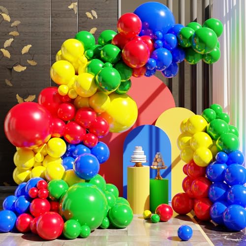Red Yellow Blue Green Balloons Arch Kit 131PCS Colorful Yellow Blue Red Green Balloons white Different Size for Video Game Party Rainbow Kid Birthday Party