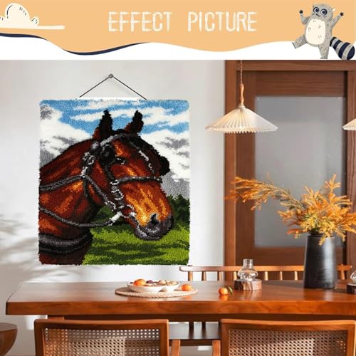 Image of EMISTEM Latch Hook Kits for Adults - DIY Latch Hook Rug Kits , Crochet Kit for Beginners, Rug Making Kits with Printed Canvas, Gift Packaging.(Snow-capped mountains and Fine Horse, 20x15)