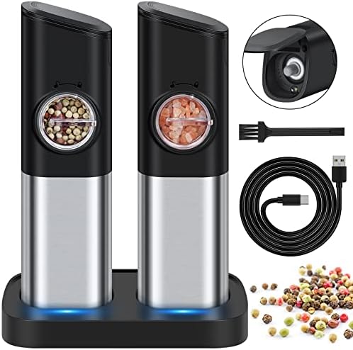 Heyrsun Electric Salt and Pepper Grinder Set, 2 Usb Rechargeable Stainless Pepper Grinder with Led Light, Adjustable Coarseness, Refillable Automatic Salt and Pepper Grinder Set with Charging Base