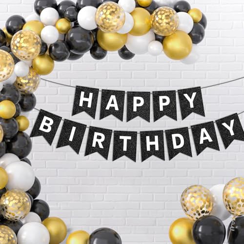 Image of Hooqict Black Happy Birthday Banner Sign for Backdrop Black Birthday Decorations for Men Women Party Supplies Wall Door Banner Garland Bunting Flag