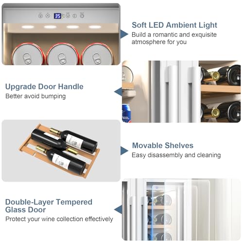 Image of Wine and Beverage Refrigerator, 24 Inch Beverage Cooler Dual Zone with Glass Door, Under Counter Beverage Fridge with Upgraded 65 Cans 18 Bottles Large Capacity, White