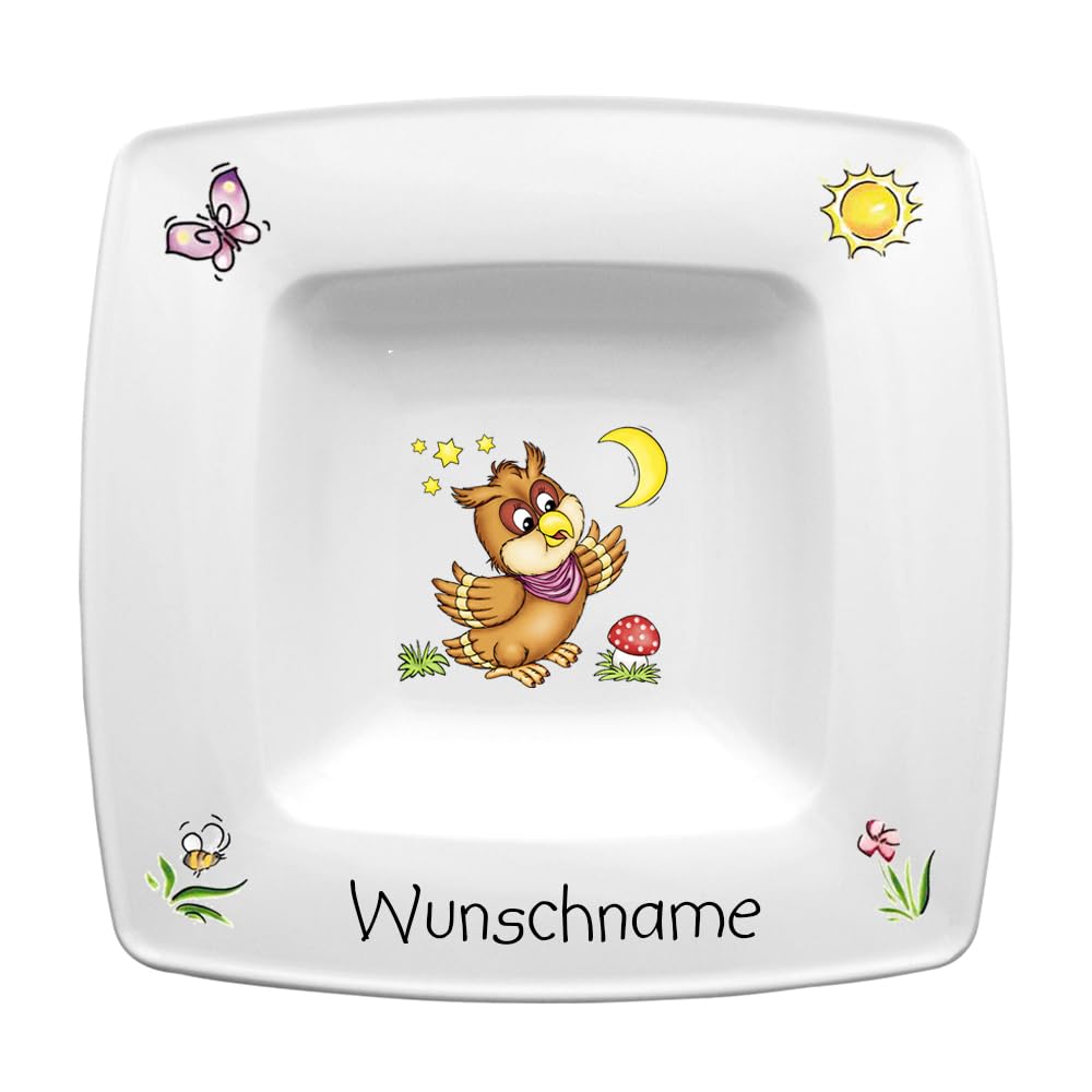 Suppenteller eckig 22cm Kinderteller Teller Porzellan Eule personalisierbar mit Wunschname Name Kindergeschirr mit Namen personalisiert