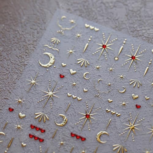 Image of Gold Nail Stickers Star Moon Nail Decals with Red Rhinestone Design Figure Nail Art Stickers 5D Embossed Self Adhesive Heart Nails Decals Charms Supply for Women Girls Manicure DIY Decoration