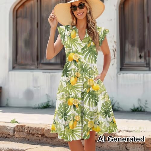 Image of Womens Summer Dress Ruffle Sleeve V Neck Dress Casual Fit Flowy Beach Vacation Sundress with Pocket S-2XL