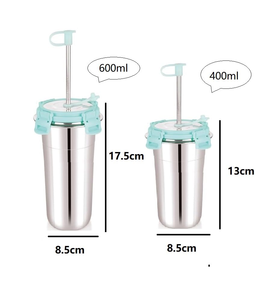 Image of Stainless Steel Fusion Glass Tumbler with Stainless Steel Metal Straws and Cleaning Brush with Steel Lid (SIP Easy 400+600 ML)