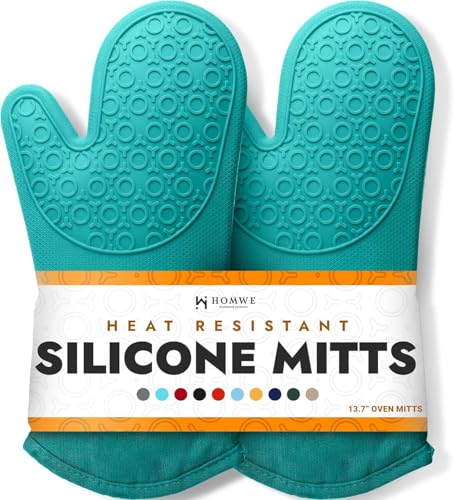 Image of BPA-Free Soft Silicone Oven Mitts - Ultra Heat Resistant Oven Mitts with Thick Cotton Liner - Long Slip Resistant Pot Holders, Flexible Oven Gloves - Turquoise 13.7 inch