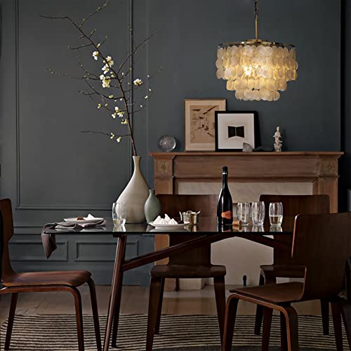 Aloadecor 3-Light Coastal Natural Capiz Seashell Chandelier Farmhouse Round 3 Tiers Shells Pendant Light In Antique Gold For Living Room Dining Room Bathroom W 18 Inch #TOP6