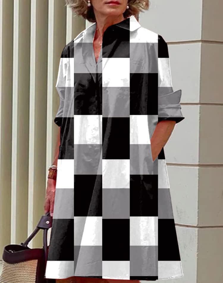 Womens 2025 Long Sleeve Button Down Shirt Summer Dress Casual V Neck Loose Fit Midi Shirt Dresses with Pockets - Image 2