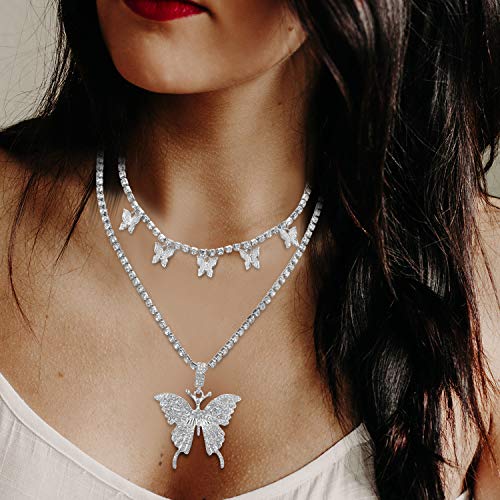 Hicarer Big Butterfly Pendant Necklace Rhinestone Chain Shiny Crystal Choker Pendant Collar Necklace and Butterfly Bracelet Earrings Jewelry for Women4