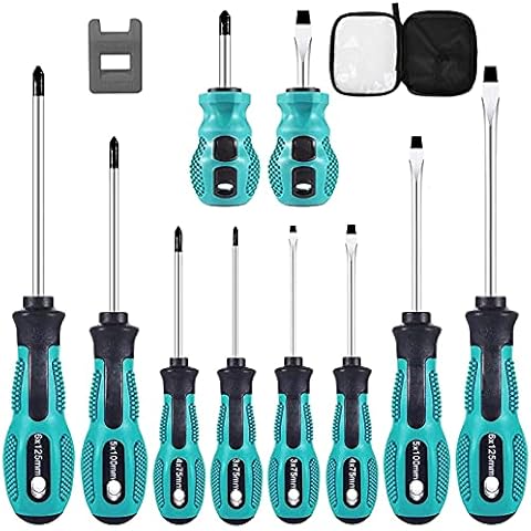 10 PCS Magnetic Screwdriver Set, Heavy Duty Screwdriver with 5 Flat and 5 Cross-Head, DIY Hand Repair Tool Kit with Storage Bag and Magnetizer Cover