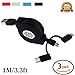 VICO 3ft iPhone Retractable Charger Adapter, Durable 2 In 1 Lightning and Micro USB Charging Cable Cord, 3 Pack for Fast Sync & Charge Apple iPhone 7 Plus, Universal to Samsung & Android Phone (Black)
