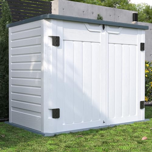 Image of UDPATIO 35 Cu.Ft Horizontal Outdoor Storage Shed, Resin Outdoor Cabinet Waterproof & Lockable for Generator, Garbage Can Garden Tools, White, White & Grey Trim