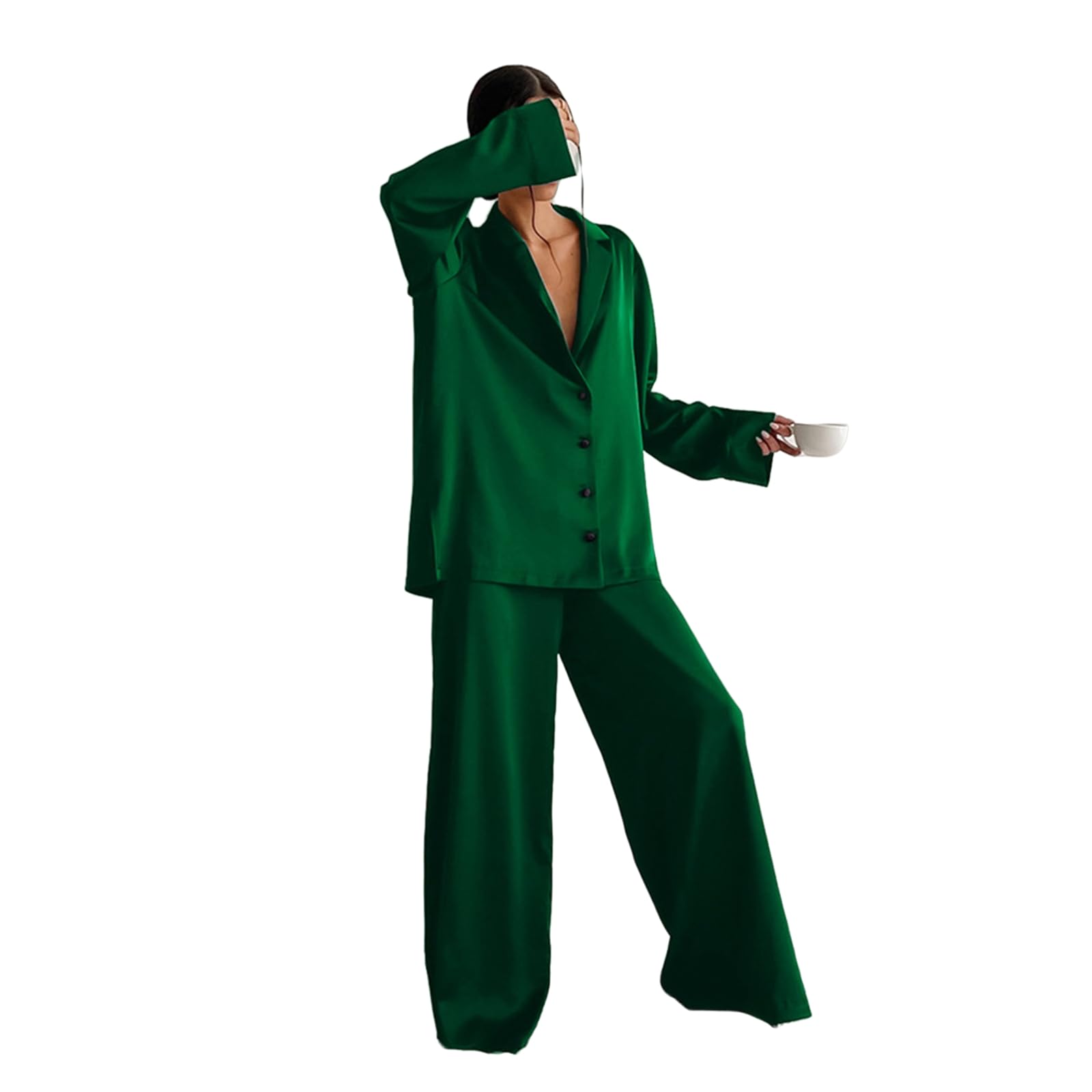 Usecee Women's Green Pyjama Set Satin Long Sleepwear Nightwear Loungewear