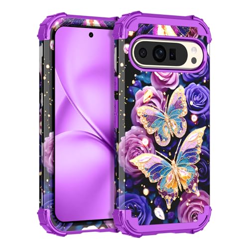 LONTECT for Google Pixel 10 Pro XL Case Floral Shockproof Rugged Heavy Duty 3 in 1 Hybrid Sturdy High Impact Protective Cover Case for Google Pixel 10 Pro XL,Glow in the Dark Lavender - image 1