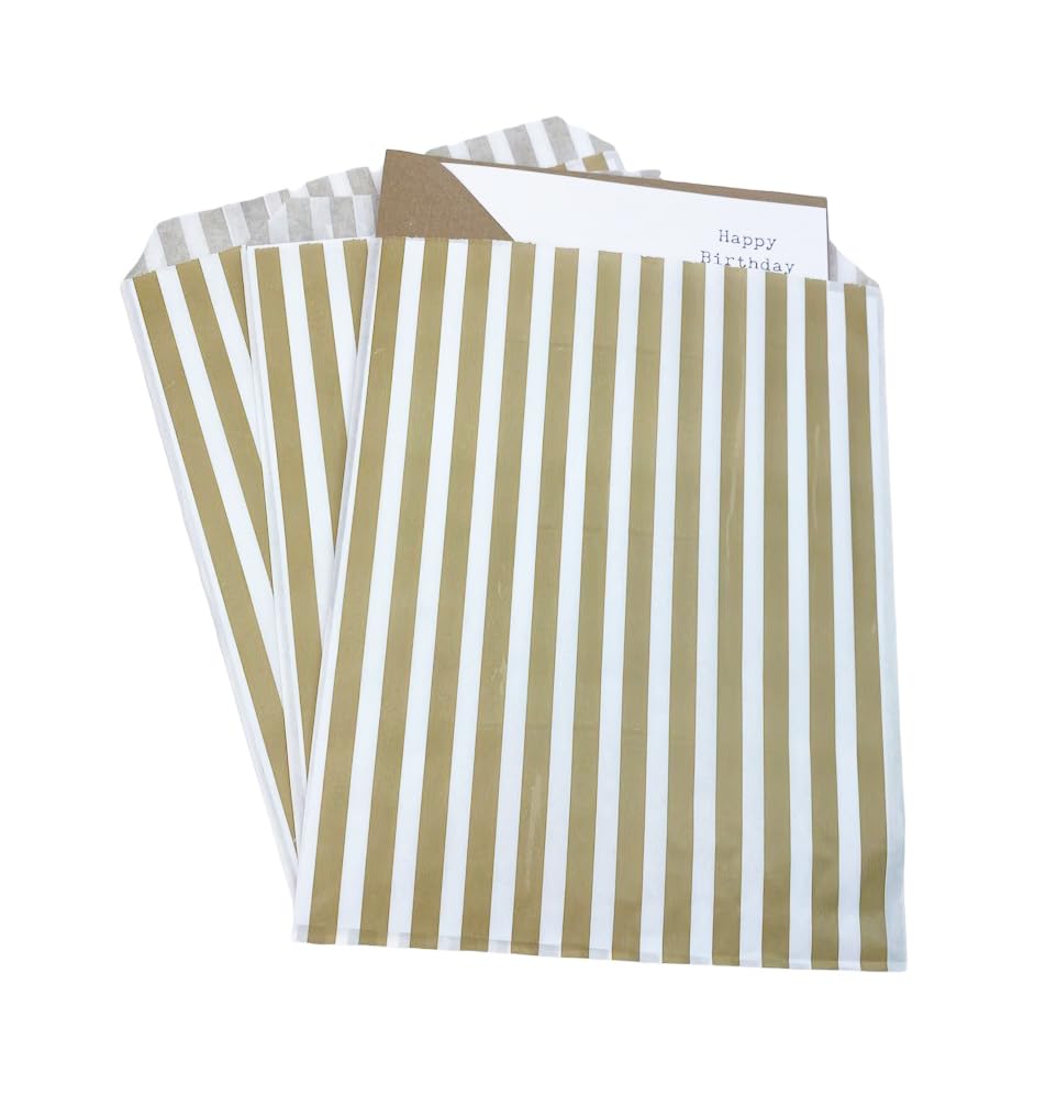Bag It Plastics Candy Stripe Paper Sweet Bags | Gold | 7" x 9" / 175x225mm | Pack of 1000 | Multipurpose Use for Sweets, Popcorn, Wedding Favours, Pick and Mix & Cookies!