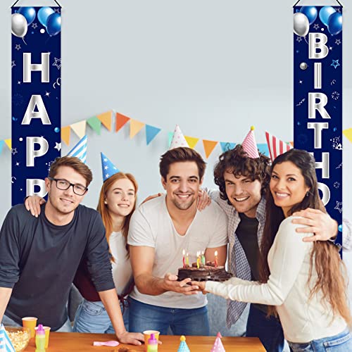 Turypaty Blue Silver Happy Birthday Door Banner Decorations for Men Boys,Happy Birthday Banner Porch Sign Party Supplies,16th 18th 21st 30th 40th 50th 60th Bday Decoration for Outdoor Indoor