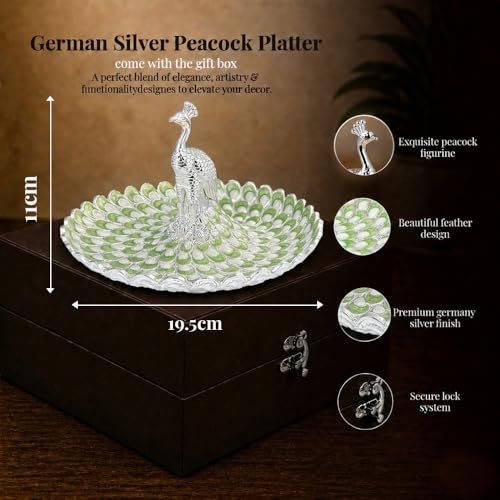 Image of Diviniti German Silver Peacock Decorative Tray | Luxury Home Decor Platter with Green Enamel Feather Design | Premium Dry Fruit & Sweet Serving Tray | Elegant Center Table Decor Gift with Box
