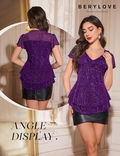 BeryLove Women's Sparkly Sequin Tops Short Sleeve Glitter Casual Summer V-Neck Ruffle Top2