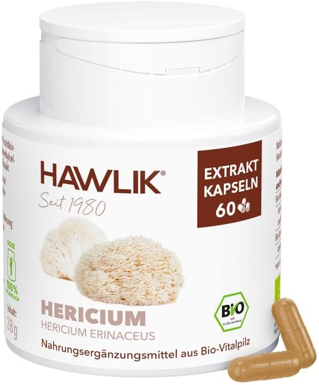 HAWLIK Vital Mushrooms Organic Hericium Extract Capsules - 60 Capsules - With Vitamin C - Natural Cultivation - Vegan - Stomach Friendly - Sugarcane Tin
