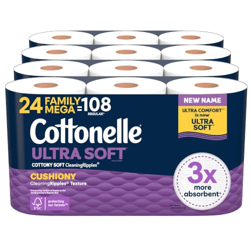 Image of Cottonelle Ultra Soft Toilet Paper with Cushiony CleaningRipples Texture, Strong Bath Tissue, 24 Family Mega Rolls = 108 Regular Rolls (4 Packs of 6)