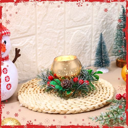 Tioncy BOO-TIONCY-4418 8 Pieces Christmas Votive Candle Holders With Pinecone Berry Candle Wreath Ring Glass Gold Tea Light Candle Holders Christmas Candle Rings thumb #5