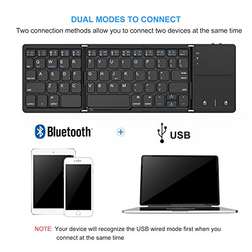 Foldable Bluetooth Keyboard, Jelly Comb Dual Mode Bluetooth & USB Wired Rechargable Portable Mini BT Wireless Keyboard with Touchpad Mouse for Android, Windows, PC, Tablet-Black - Thumbnail 3