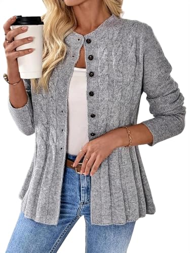 Women's Long Sleeve Button Up Cable Knit Cardigan 2025 Fall Crewneck Cardigans Comfrt Beige Sweaters Jacket