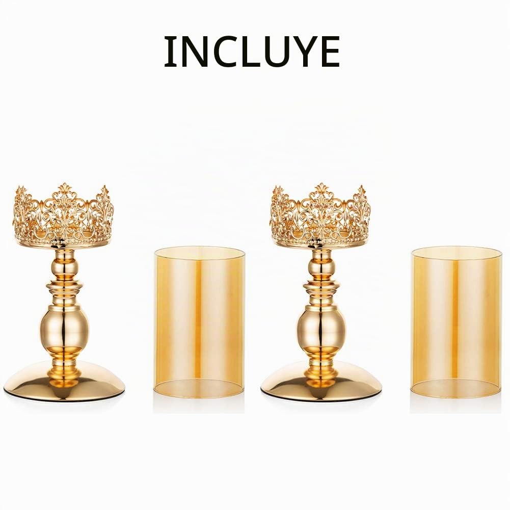 Candelabros de Pilar con Vidrio, Juego de 2 Candelabros Oro para Huracanes Regalos para la Decoración del Hogar, Candelabro para el Aniversario Bodas Centros Mesa para Fiestas Casa, Tamaño Pequeño
