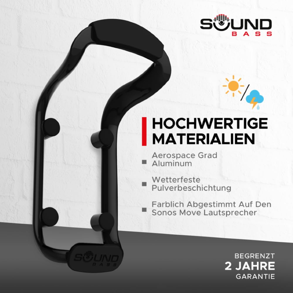 Sound Bass Move Lautsprecher-Wandhalterung, Wetterfest, Kompatibel mit Sonos Move Version 1 & 2, Inklusive Montagezubehör, Schwarz
