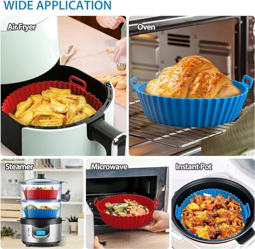 Image of BRANCO Air Fryer Liners I Round Silicone Basket Baking Tray I Pot with Ear Handles I Nonstick Reusable Heat Resistant I Cooking Oven Insert Accessories - Multicolor (8 inch, Pack of 2)