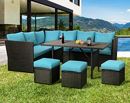 Aecojoy 7 Pieces Patio Furniture Set With Table, Outdoor Patio Furniture, Outdoor Dining Sectional Sofa With Table&Chair, Black Rattan And Blue Cushion #TOP6