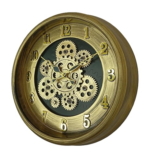 Image of De'rons Rotating Moving Gears Wall Clock Industrial Steampunk Real Moving Gear Designer Wall Clock for Living Room Home Decor Office Wooden Look Plastic Round 32cm DC-1387 (Golden)