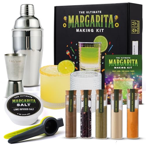 Margarita Kit Gift Set - 5 Botanicals - 2 Glasses - Stainless Steel Shaker & Jigger - Citrus Squeezer - Lime Infused Salt - Dried Lime - Recipe Book - Infusion Cocktail Kit - Gift for Dad