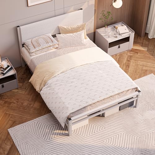 Bett 120x200 mit Lattenrost,Bettgestell Metallbett 120x200 cm mit Kopfteil,Bettrahmen aus Metall-27cm Hoch,Doppelbett Gästebett Jugendbett KeinBoxspringbett mit Stauraum,Weiß – Bild 7
