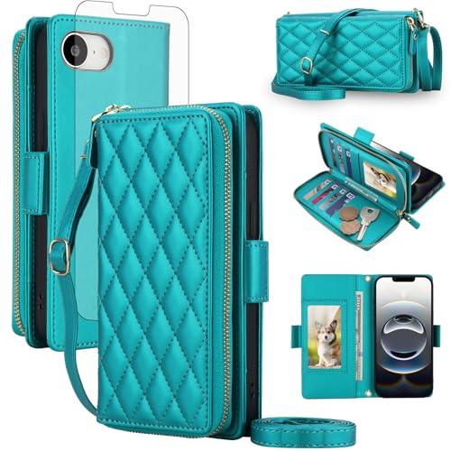 Compatible with iPhone 16e/SE 2025/SE 4 Wallet Case Zipper RFID Blocking Screen Protector Crossbody Lanyard Strap Flip i Phone16e i16e 16 e SE4 4th Generation 16eCase Phone Cover for Women Green
