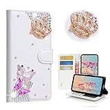 STENES Bling Case Compatible with Huawei Ascend XT Case - 3D Handmade Crystal Crown Butterfly Wallet Credit Card Slots Fold Stand Leather Cover- White