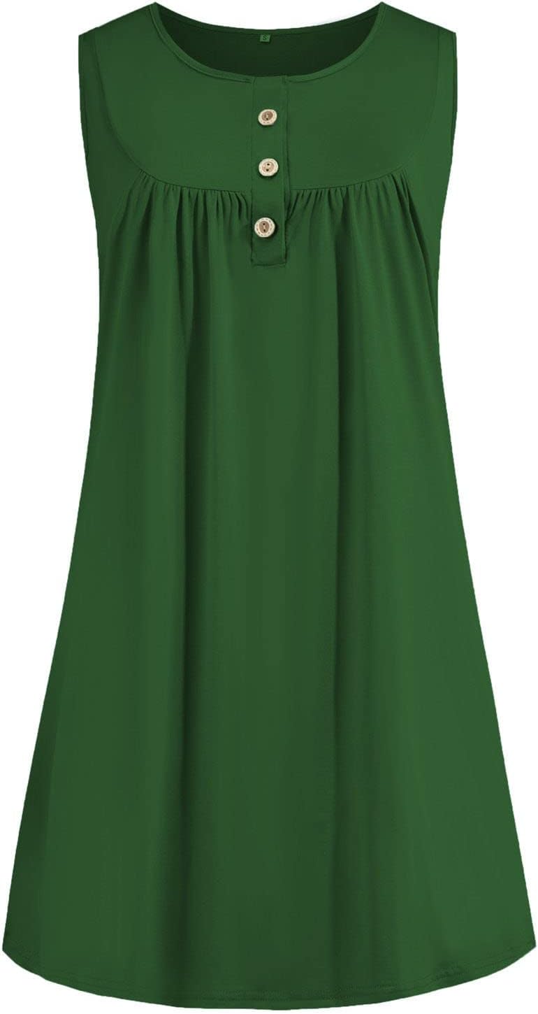 Womens Sleeveless V Neck Tank Dress Beach Cover Up Loose Dress Casual Button Down Swing Dresses with Pocket