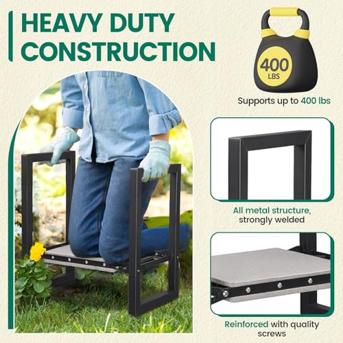 Kniebank für Gartenarbeit, 32cm Breiter Gartenhocker faltbare mit Griffen robustes Knielgerät, 180kg Kapazität, Multifunktionsbank für Gartenarbeit Gartenbank für Senioren, Frauen, Männer/Schwarz