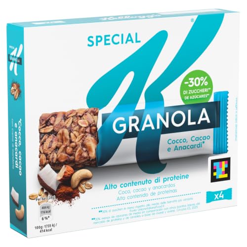 Kellogg's Special K Barretta | Gusto Cacao, Cocco & Anacardi | Croccanti Fiocchi Multicereali | 21% di Proteine | 4 barrette da 28g (Confezione da 112g)