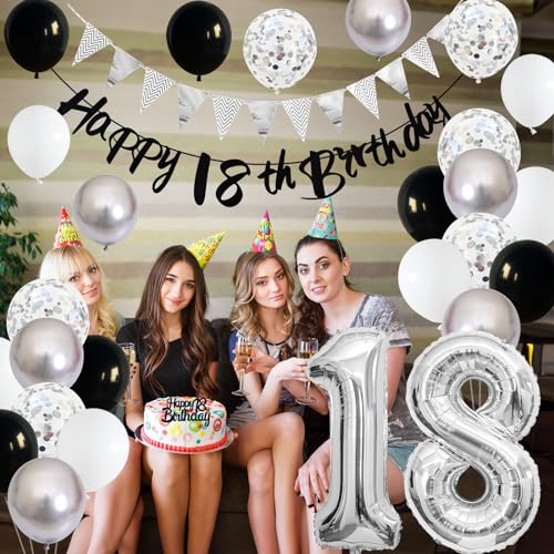Image of 18th Birthday Decorations for Boys, Black Happy 18th Birthday Banner with Black Silver 18th Balloons 18 Cake Topper Decor Number 18 Balloon for Girls 18 Year Old Party Decoration